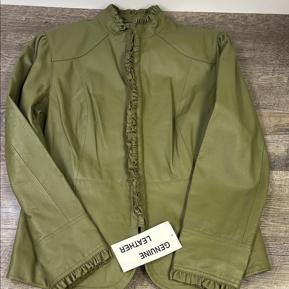 Chadwick’s Genuine Leather Ruffle Trim Jacket Olive Green Size L NWT